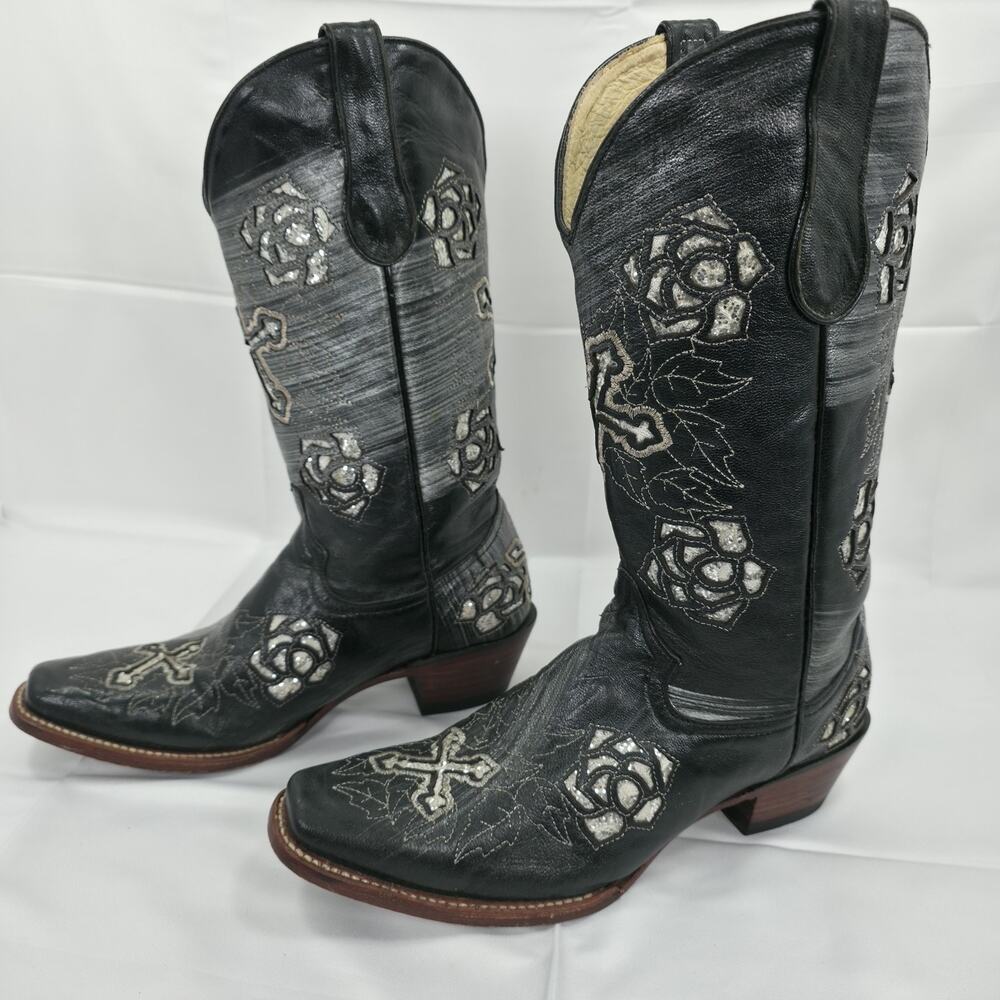 Ferrini Womens Cowboy Boots Size 9 B Black Leather Cross Rose Gothic Western - Picture 5 of 14